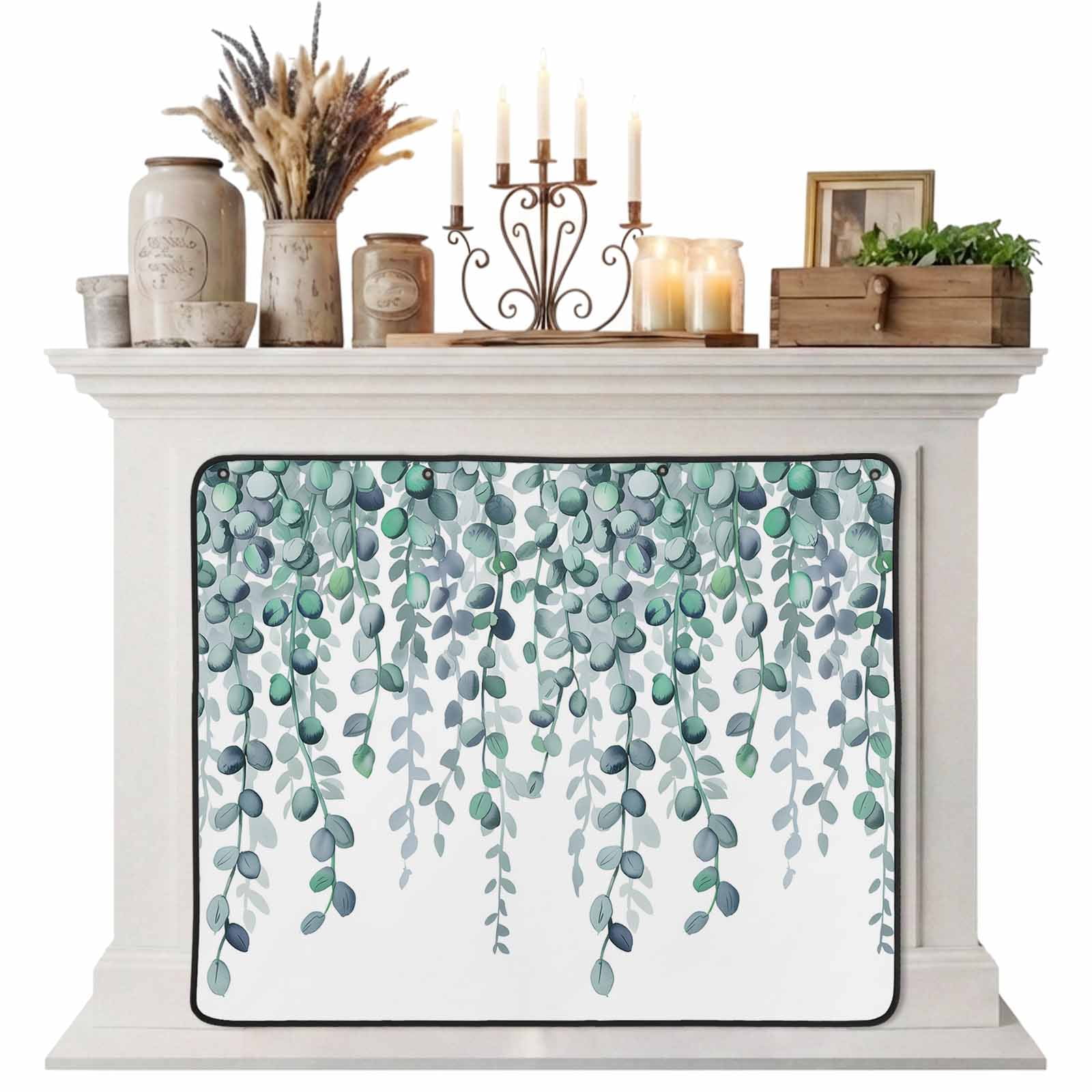 Magnetic Fireplace Cover Teal Green Eucalyptus Leaves Fireplace Screen Watercolor Branches Insulation Fireplace Blocker Blanket Save Energy Fireplace Draft Stopper Covers for Living Room 39x32