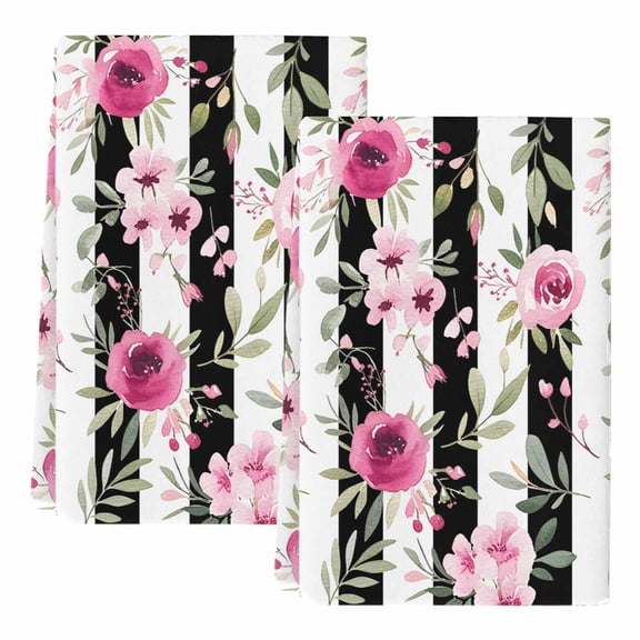 Dish Towels, Pink Flowers Absorbent Kitchen Towels 2 PCS, Floral Leaves Black Stripes Microfiber Hand Towels Dish Cloths Tea Towels for Home Bathroom Cleaning Drying,18X28-Inch,