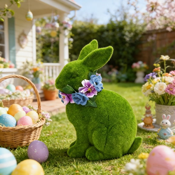 Easter Rabbit Flocked Decor, Realistic Imitation Green Plant Bunny, Lifelike Touch Spring Holiday Home Ornament, Indoor Outdoor Party Decoration, Topliu
