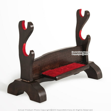 Dark Wood Display Stands - 2 Tier Solid Wood Samurai Sword Display Stand w/ Dark Stain Finish Velvet Lined