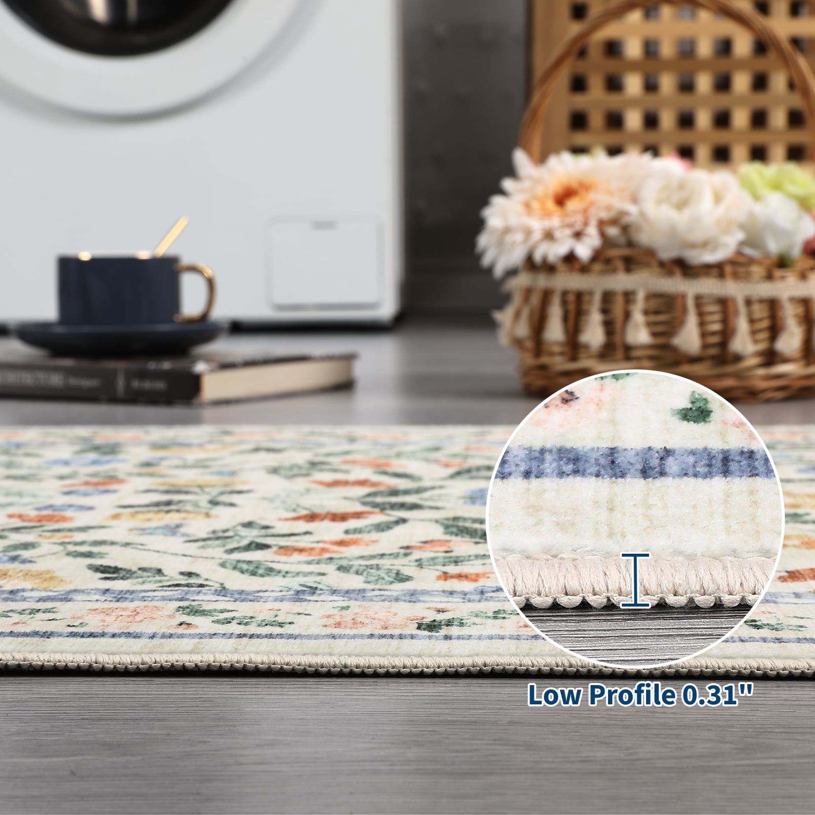Hasoo Runner Rug 2x6 Non-Slip Washable Low Pile Floral Print for Kitchen Indoor Green