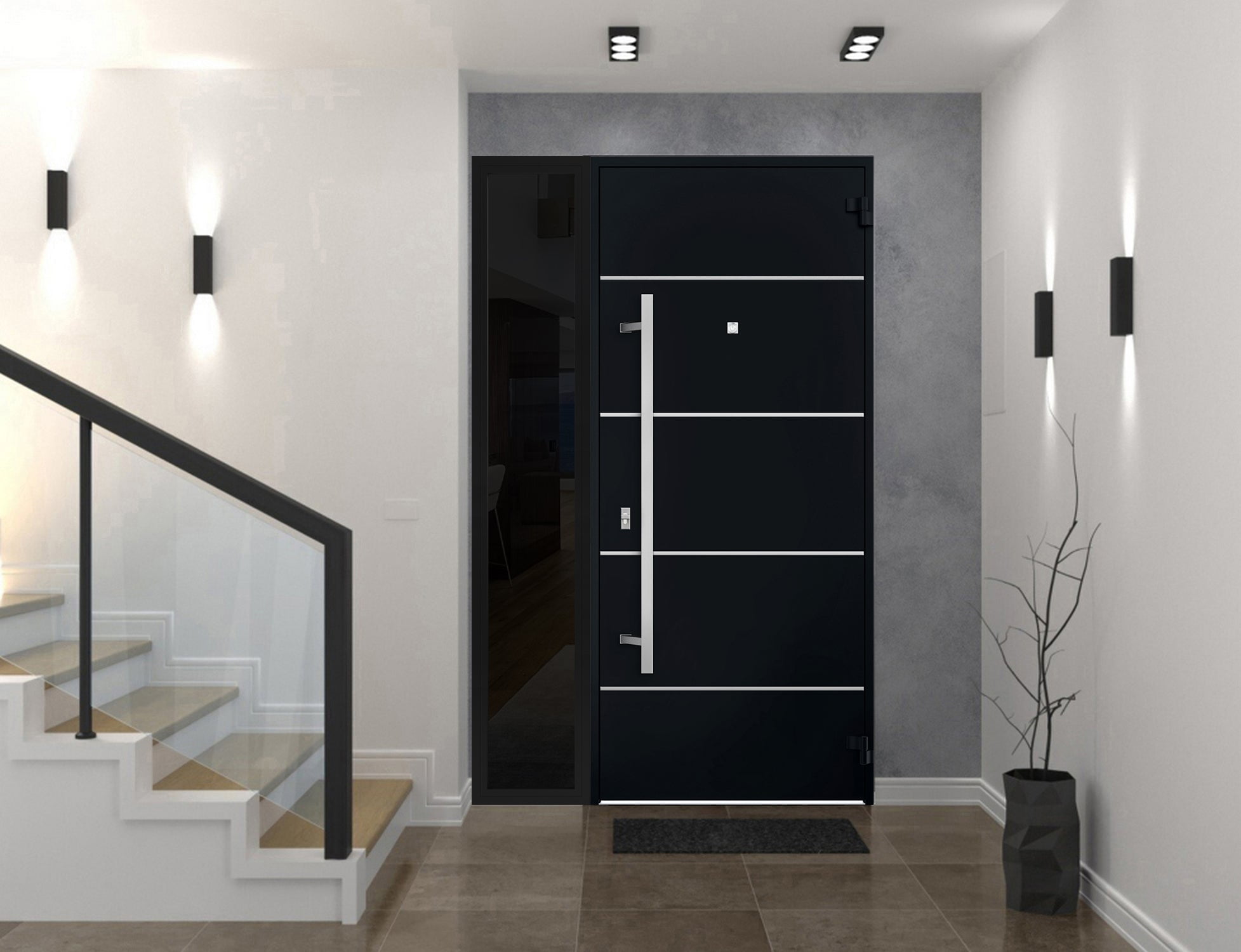 Front Exterior Prehung Steel Door / Deux 6083 Black Enamel / Side Exterior Window Sidelite / Stainless Inserts Entry Metal Modern Painted W36+16" x H80" Left hand Inswing