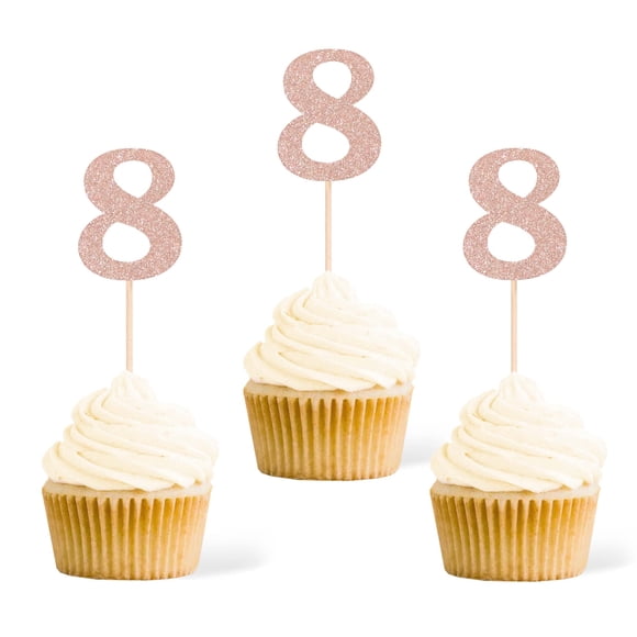 Topper para cupcakes Gexolenu 24 piezas, glitter rose gold, número 8