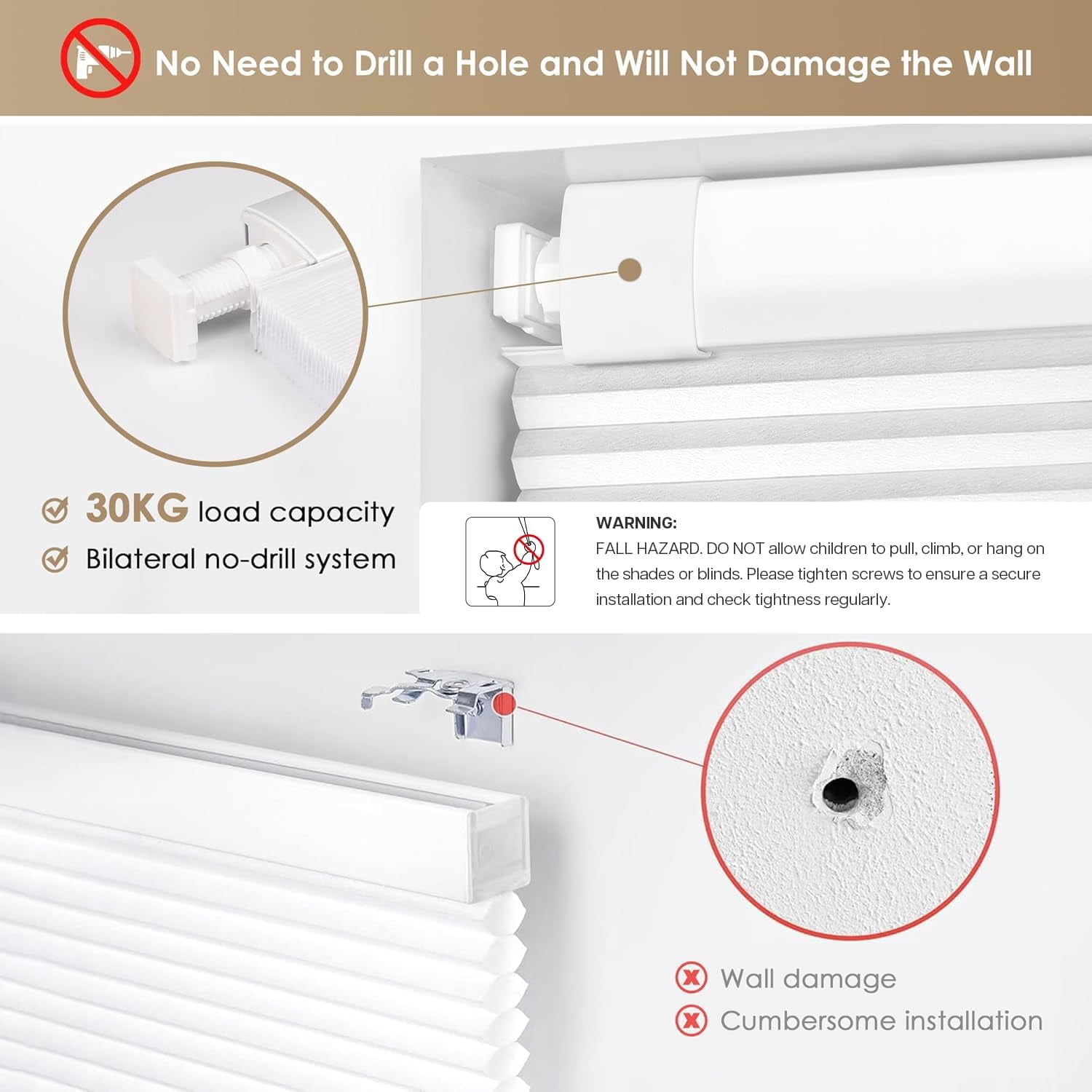 No Tools Drill Cordless Cellular Shades, Blackout Light Blocking Honeycomb Shades for Home, Thermal Insulation Blinds Windows, 19" W x 36" H, White