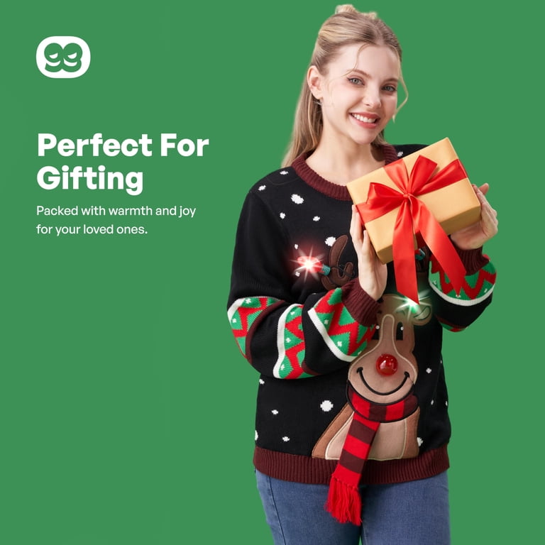 2025 Light Up Ugly Christmas Sweater - Funny Reindeer Design With LED Lights For Women & Men (Unisex)