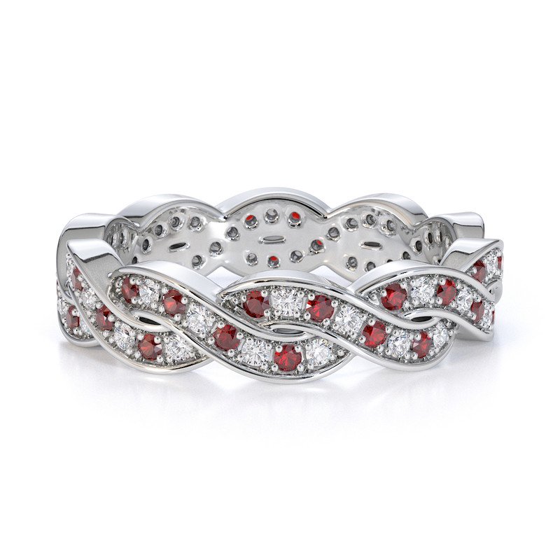 925 Sterling Silver 2mm Garnet & White Cz Alternate Gemstone Full Eternity Dual Criss Cross Band Ring, Women Stacking Engagement Ring_7