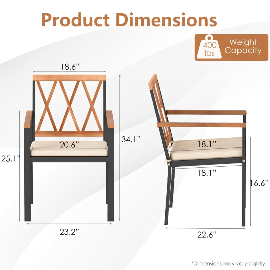 Hommoo 2-Pack Modern Outdoor Dining Chairs with Removable Cushions, Metal Frame & Acacia Wood Backrest – 18" Seat Width, Black & Natural