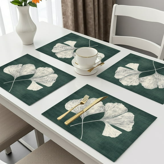 Spring Flower Butterfly PVC Placemats for Dining Table 4 PCS, Indoor/Outdoor Non-Slip Vinyl Kitchen Place Mats, Green White Art Washable Table Mats for Party Restaurant Decoration