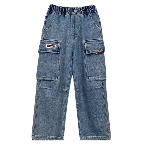 WOYY Boys Cargo Jeans Elastic Waist Straight Leg Denim Pants Kids Trousers, Sizes 4-5T