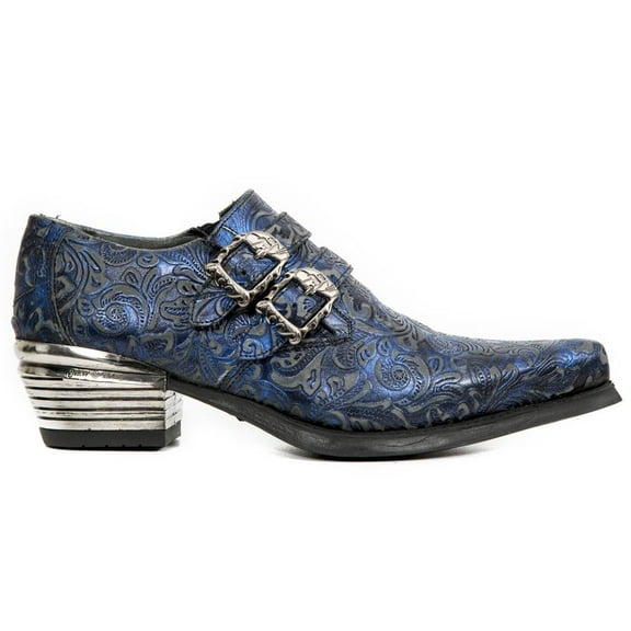 NEW ROCK 7960-S7 Shoe EMBOSSED VINTAGE Blue Leather Buckle Steel Heel Shoes 39