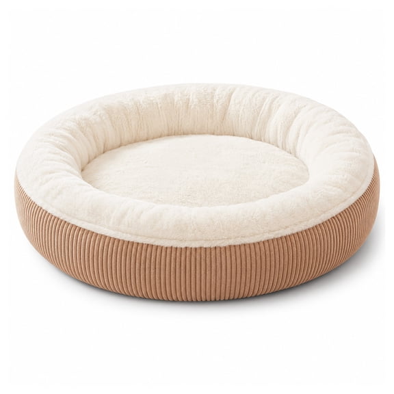 36 inches Calming Donut Dog Bed for Large Dogs,Brown | Round Pet Bed with Removable&Washable Cover,Plush Faux Fur & Corduroy, Fits Pets up to 80 lbs