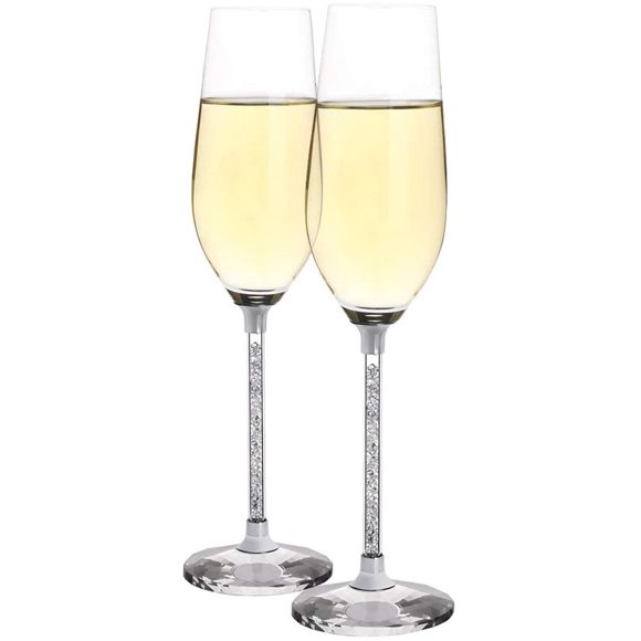 Gala Houseware Lead Free 8 Ounce Champagne Glasses, Set of 2 Champagne Flutes with Long Crystal Diamond Stem.