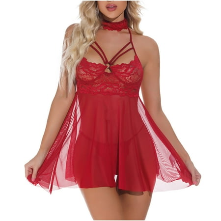 

Women Lingerie Sets Ladies Cute Girl Solid Erotic Lingerie Lace Perspective Sexy Pajamas Front Open Halter Neck Suspender Skirt Sport Bra Front Closure Black Lingerie