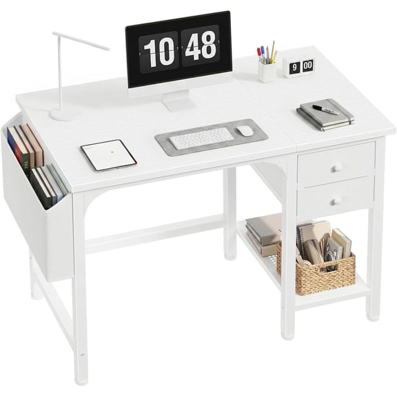 White Small Desk with Drawers - 40 Inch Computer Desk for Small Space Home Office, Modern Simple Study Writing Table PC Desks