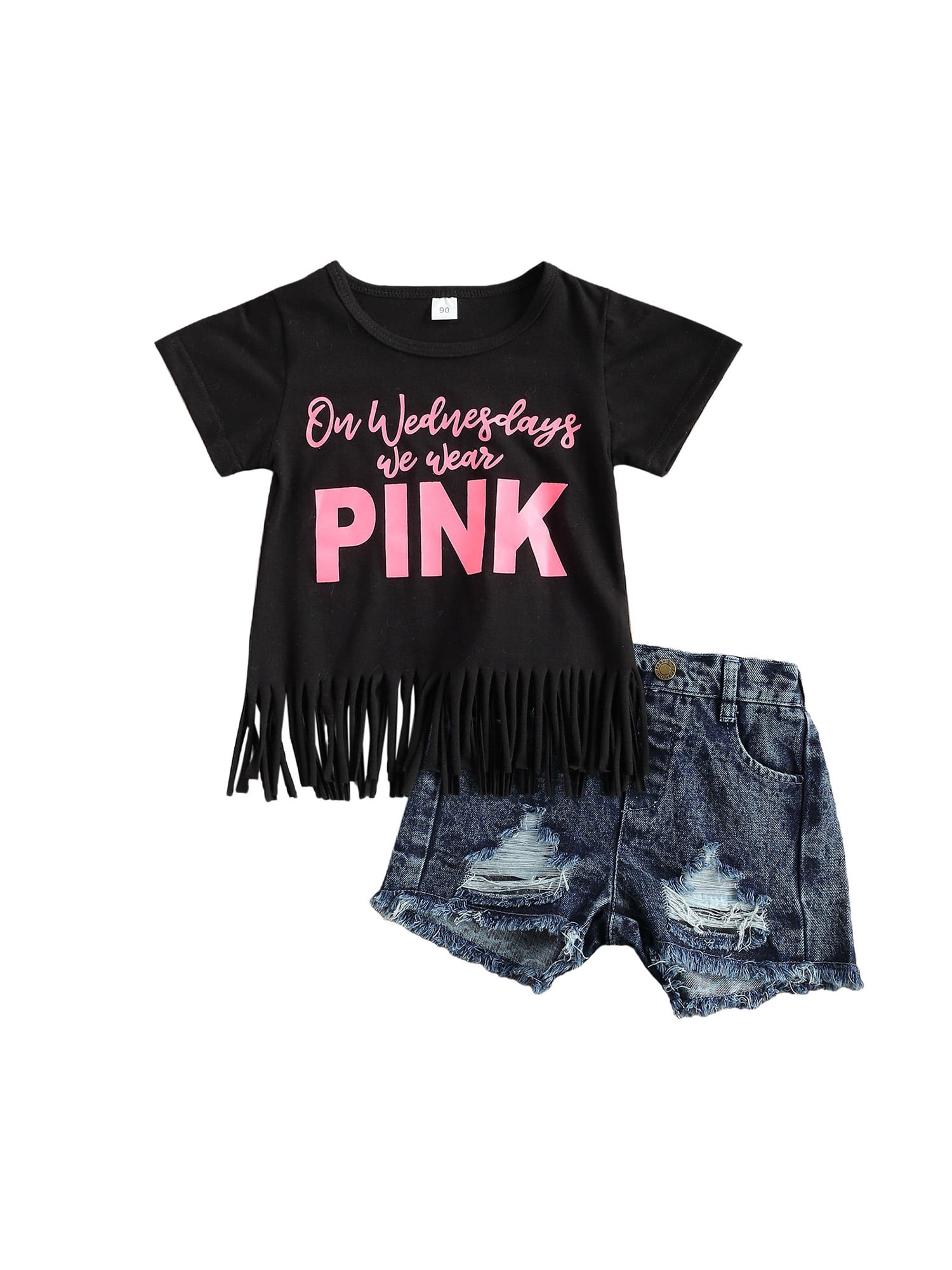 Kids Baby Girl Summer Outfits Short Sleeve Letter T-Shirt Tops Watermelon Tassel Shorts Two Pieces Set Outfit