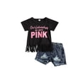 thumbnail image 2 of Summer Baby Girls Short-sleeve Tops Shorts Casual Set Letter Print Tassel T-shirts Ripped Denim Short Pants, 2 of 7