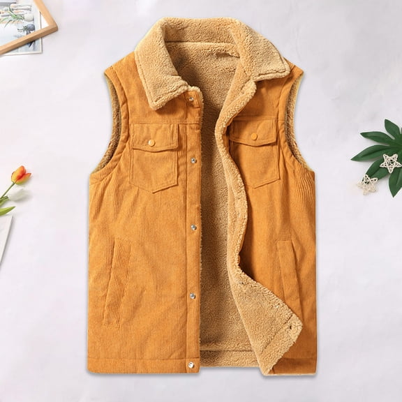 Big and Tall Corduroy Vests for Men Sleeveless Fleece Jacket Full Zipper Casual Collared Sherpa Vests with Pockets M-5XL