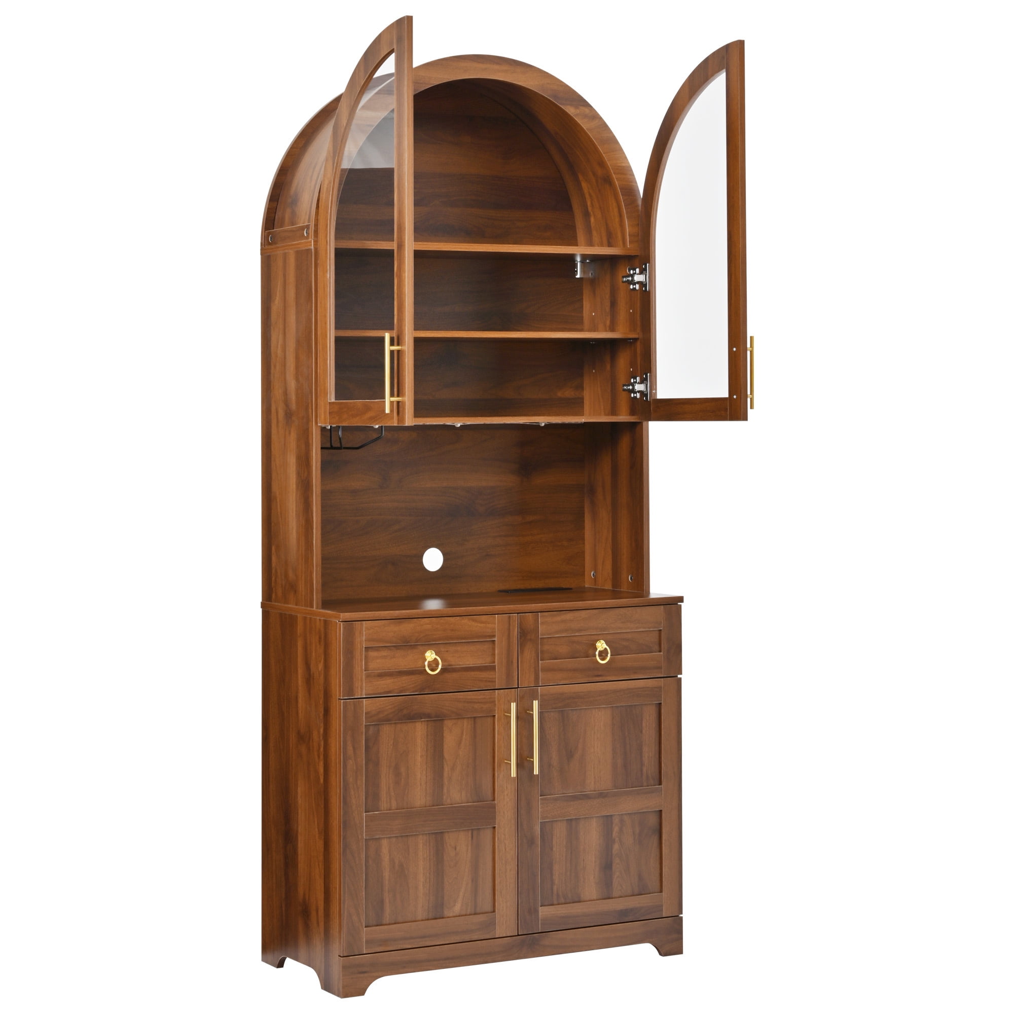 Euroco 74.8" Tall Arched Kitchen Pantry Cabinet,Farmhouse Arched Kitchen Storage Hutch with Glass Doors,2 Drawers,Adjustable Shelves,Power Outlet & LED Light,Freestanding Tall Cupboard,Walnut