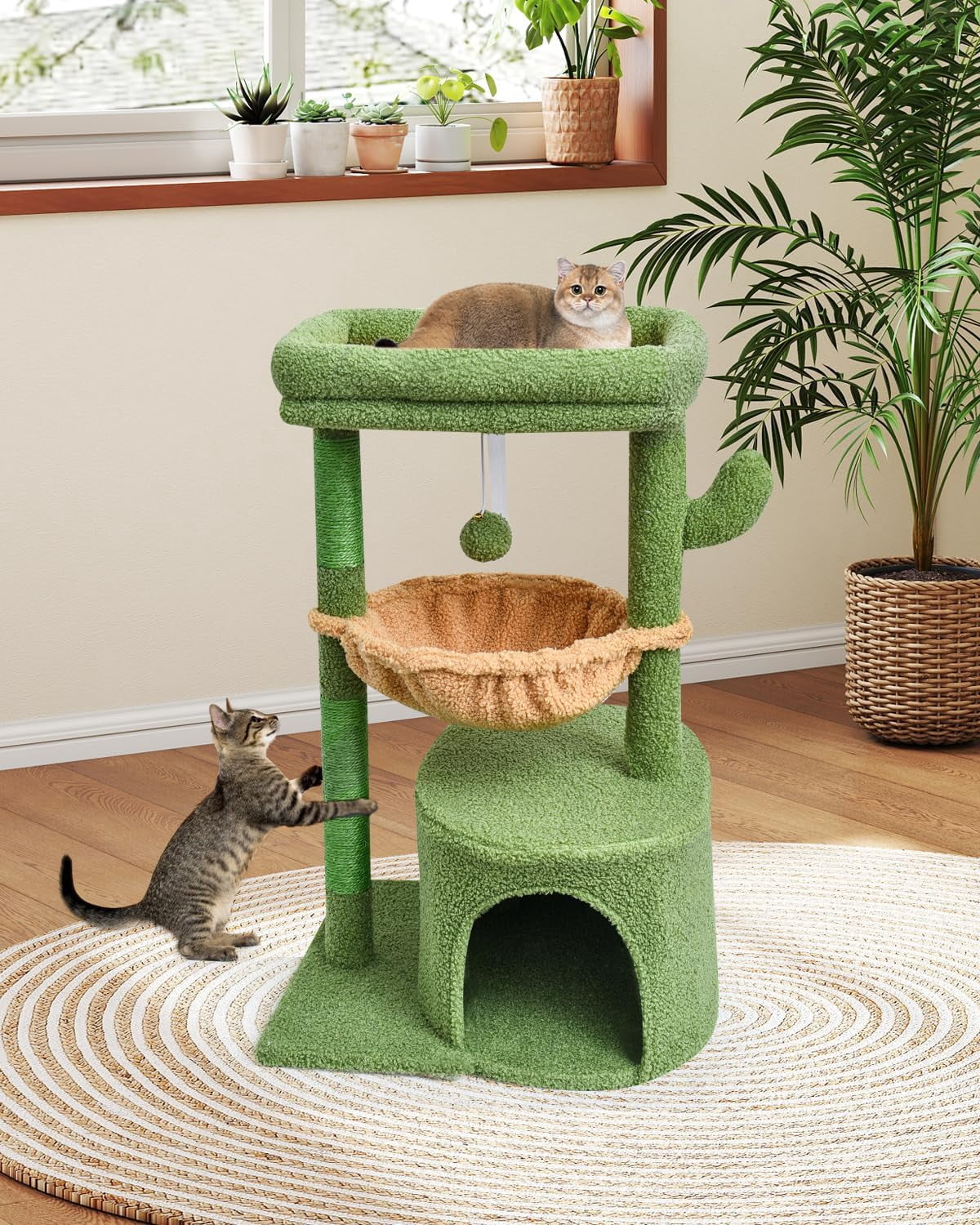Cactus Cat Tree for Indoor Cats, Green Activity Cat Tower with Scratching Post for Kittens, Modern Cat Furniture with Basket & Hanging Ball for Play Rest