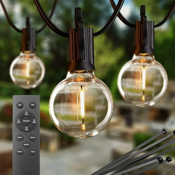 Outdoor String Lights with Remote and Zip Ties, 58Ft Dimmable Patio Lights with 25 Bulbs, Waterproof Hanging Lights for Porch Backyard Bistro Cafe Market