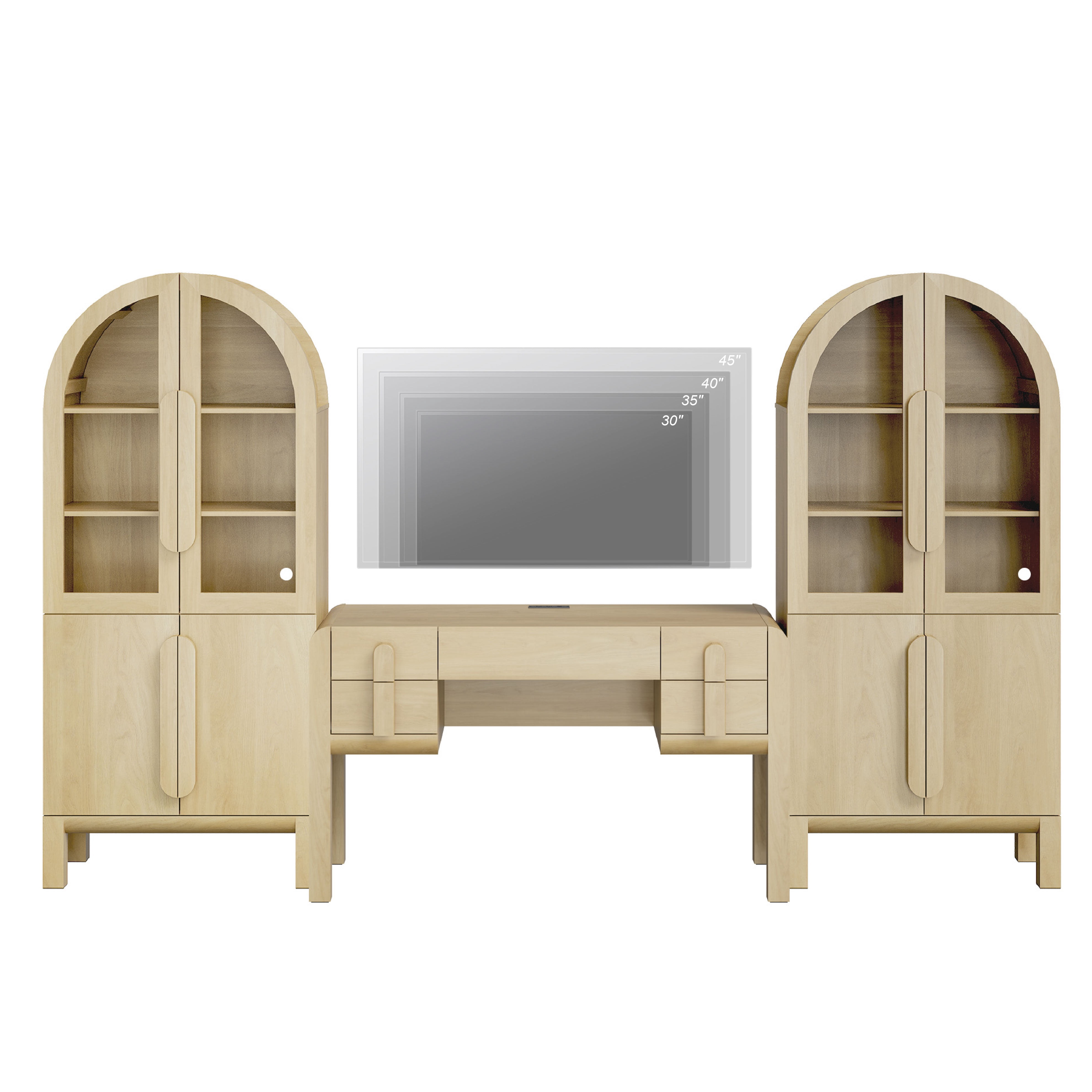 Home Office Set, 53.5" Modern Executive Desk with Charging Station and Drawers & 2 Piece 71"H Tall 3-Tier Arched Bookcases with Glass Door for Living Room, Bedroom, Home Office