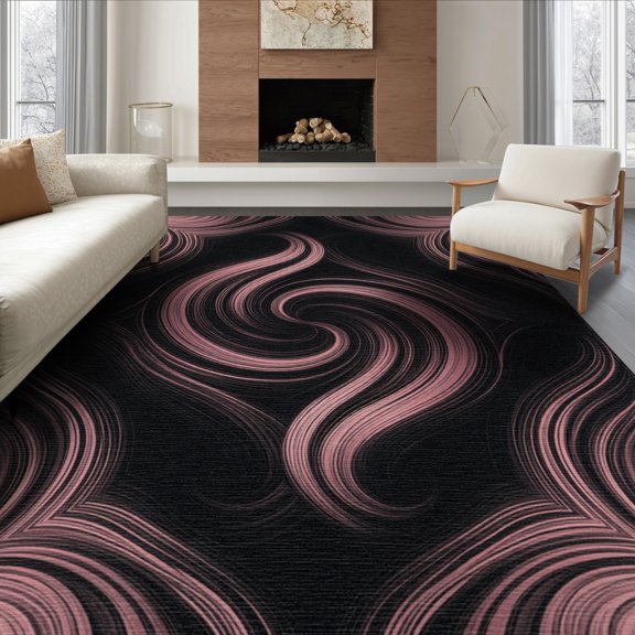 ODIKA 8'x10' Washable Area Rug Pink Smooth Grey Interlocking Wave Balanced Flow Motif Contemporary for Dining Room, Large Office, Lounge, Non-Slip Chair-Friendly Mat