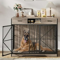 44" Large Dog Crate Furniture, Wooden Heavy Duty Dog Kennel Indoor End Table with Storage Drawers,Metal XL Dog Cage for Large/Medium Dogs, Brown & Black