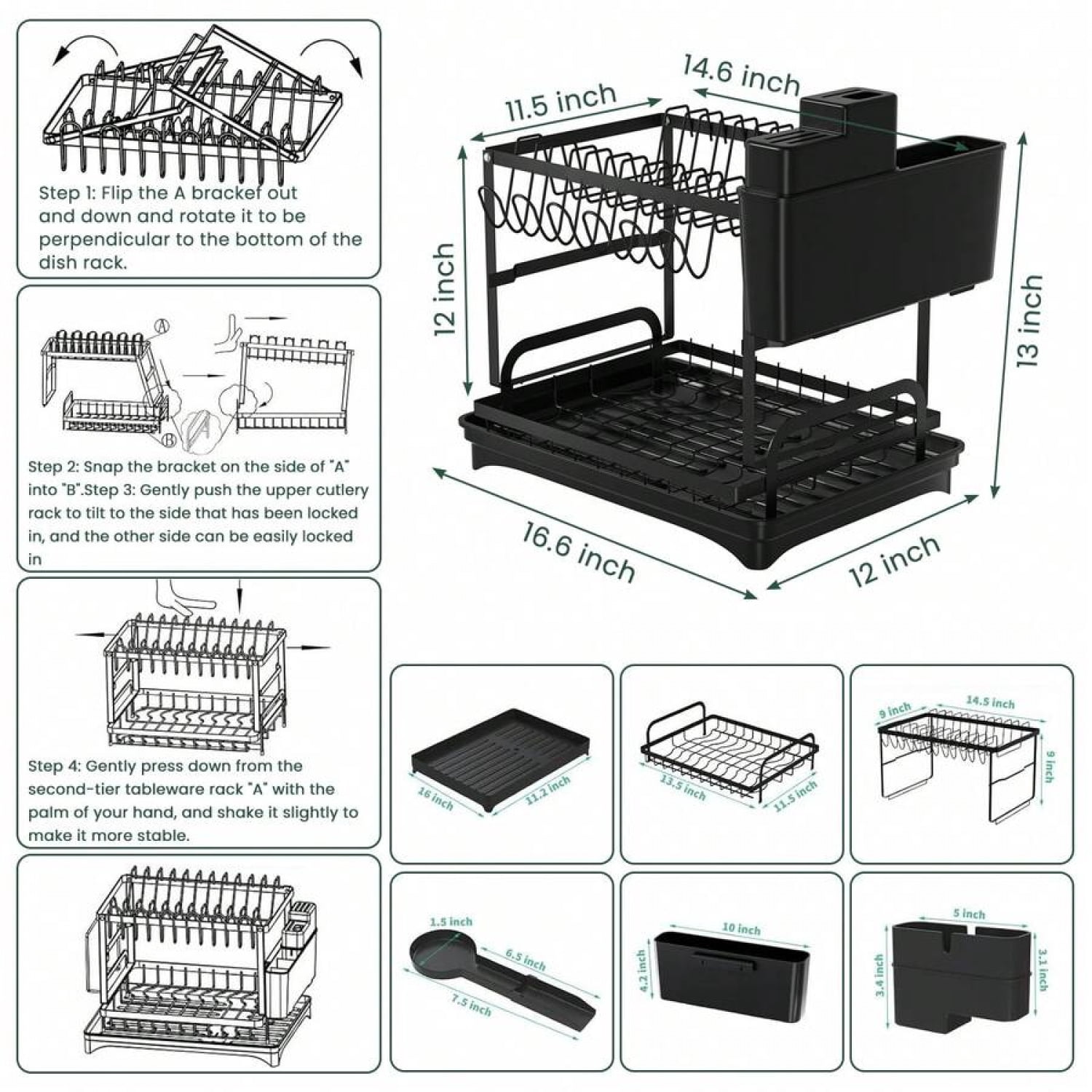 Rustproof Stainless Steel Dish Drying Rack, 2-Tier Large Dish Rack For Kitchen Countertops,