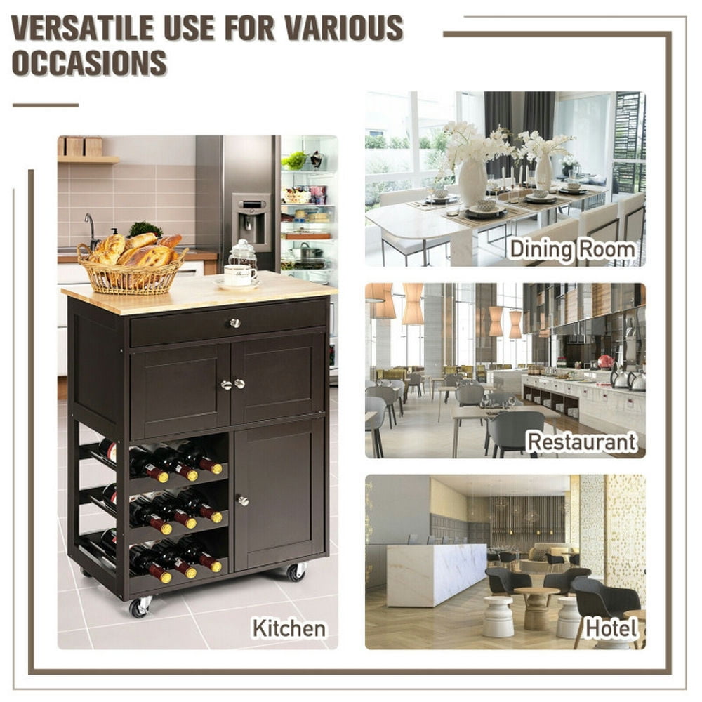 Finihen Rolling Cart, Kitchen Island Cart, Kitchen Cart with Rubber Wood Top 3 Tier Wine Racks 2 Cabinets, for Kitchen, Dining Room, Brown Finihen Rolling Cart, Kitchen Island Cart, Kitchen Cart with Rubber Wood Top 3 Tier Wine Racks 2 Cabinets, for Kitchen, Dining Room, Brown