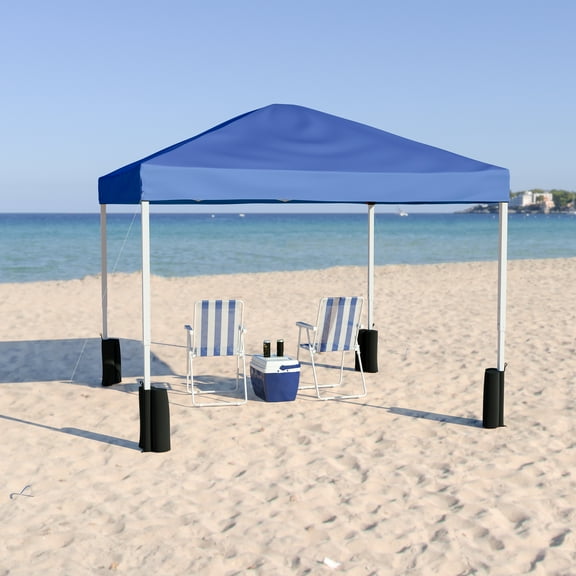 BizChair 10'x10' Blue Pop Up Event Straight Leg Canopy Tent with Sandbags and Wheeled Case