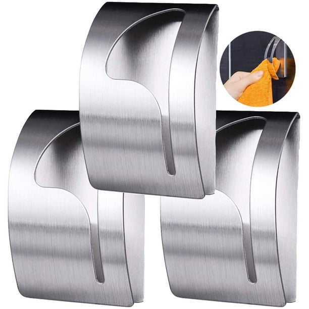 Laklulu Soporte para paños de cocina autoadhesivo, soporte para paños de cocina de acero inoxidable, gancho para paños de cocina, 3 piezas, ganchos para trapos de albornoz, gancho para toallas,