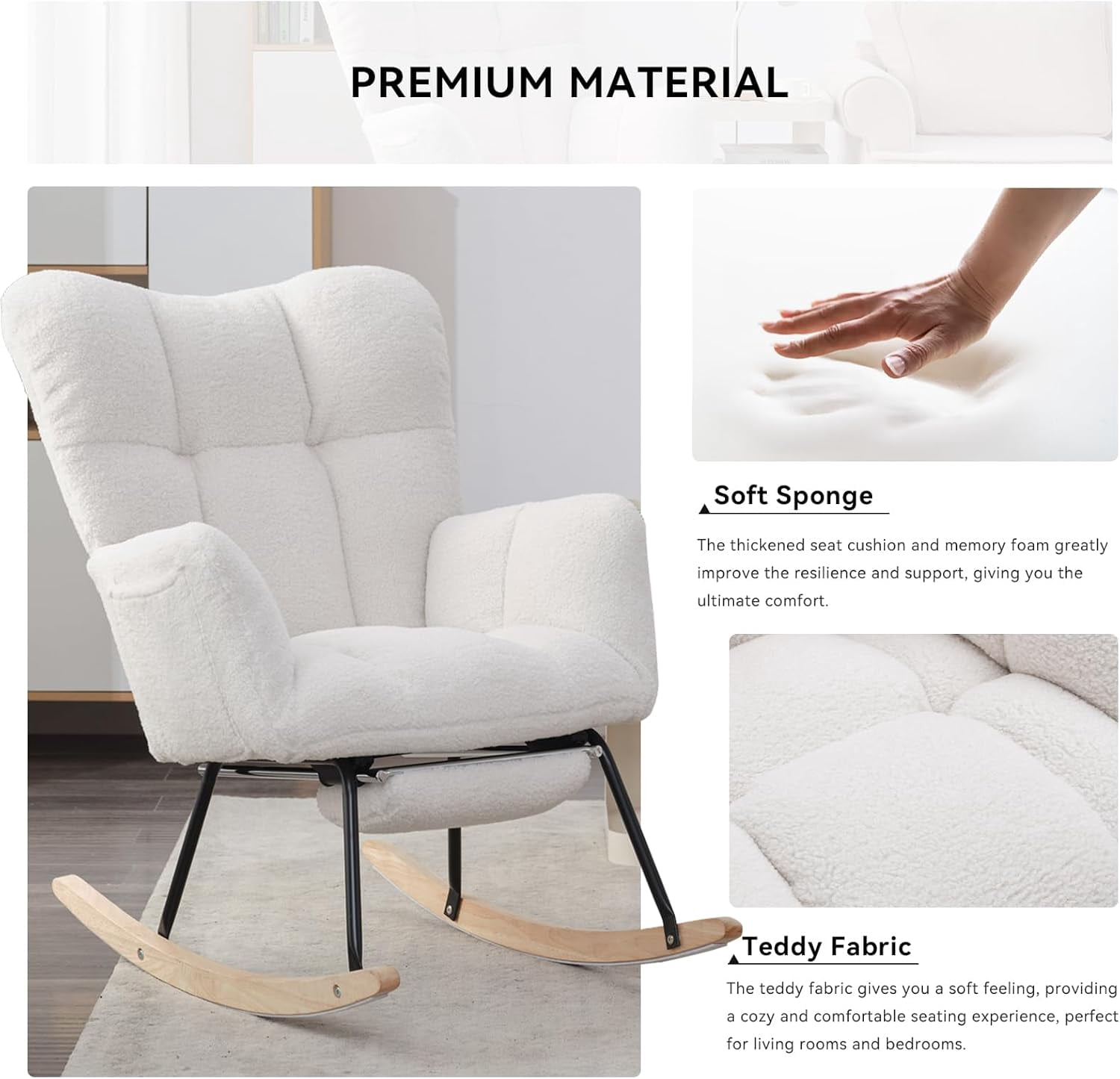 Rocking Chair Nursery Teddy Upholstered Glider Rocker High Backrest Nursery Rocker Comfortable Armchair