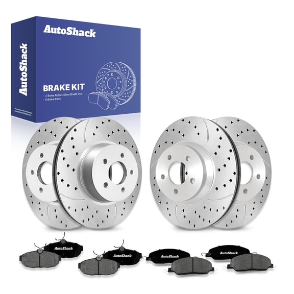 AutoShack Front & Rear Brake Rotors & Premium Pads for Ford, Mustang 2005-2010, RWD V8 4.6L - Silver Zinc Coated Drilled & Slotted - SilverShield Pro