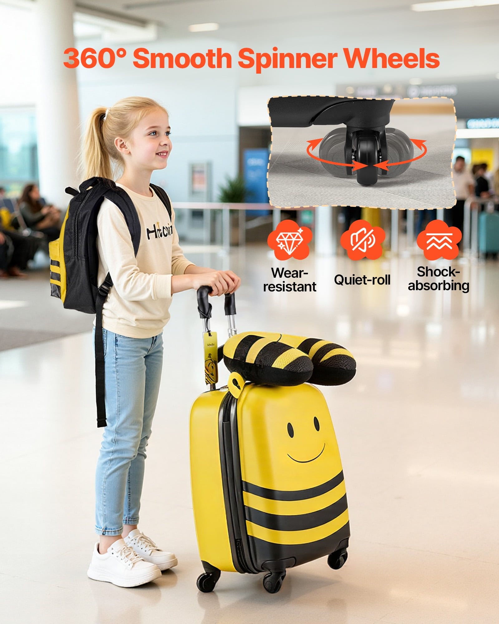 VEVOR Kids Luggage Set, 5 Piece, 18 Inch Hardside Rolling Wheels Suitcase with Backpack & U-shape Pillow, Bee Kids Carry on Luggage Set, Holiday Birthday Gift for Girls Boys, Airline Approved
