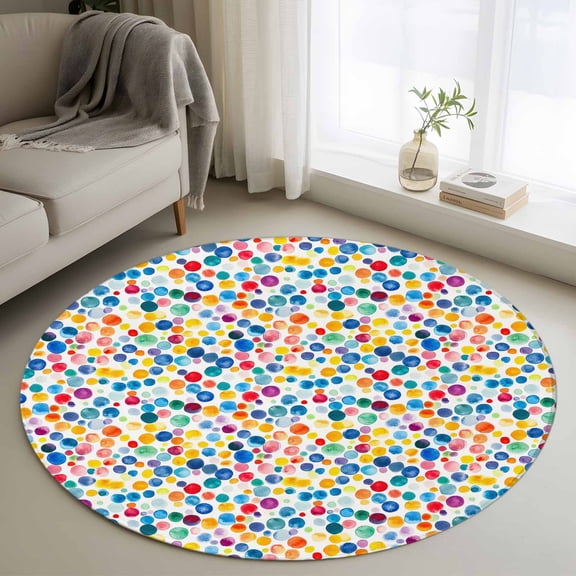 3ft Round Rug, Colorful Polka Dot Non-Skid Rubber Backing Large Area Rugs - Living Room Bedroom Home Office, Rainbow Polka Dots Watercolor Indoor Floor Mat Carpets Washable Rug