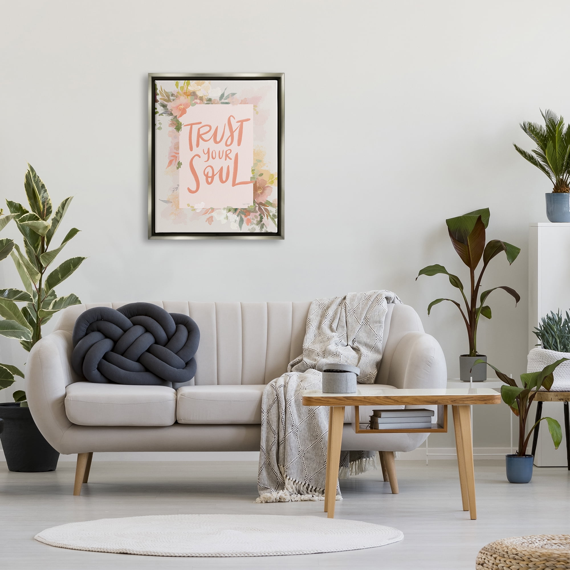 Stupell Industries Trust Your Soul Floral Border Impactful Calligraphy Graphic Art Luster Gray Floating Framed Canvas Print Wall Art, Design by House Fenway