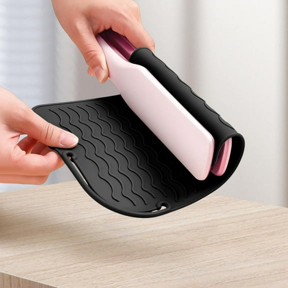 Heat Resistant Mat 9" x 6.5", Silicone Hair Tool Rest Pad for Curling Wand Flat Iron Straightener, Non-Slip Counter Protector, Travel Friendly, Easy Clean, Black