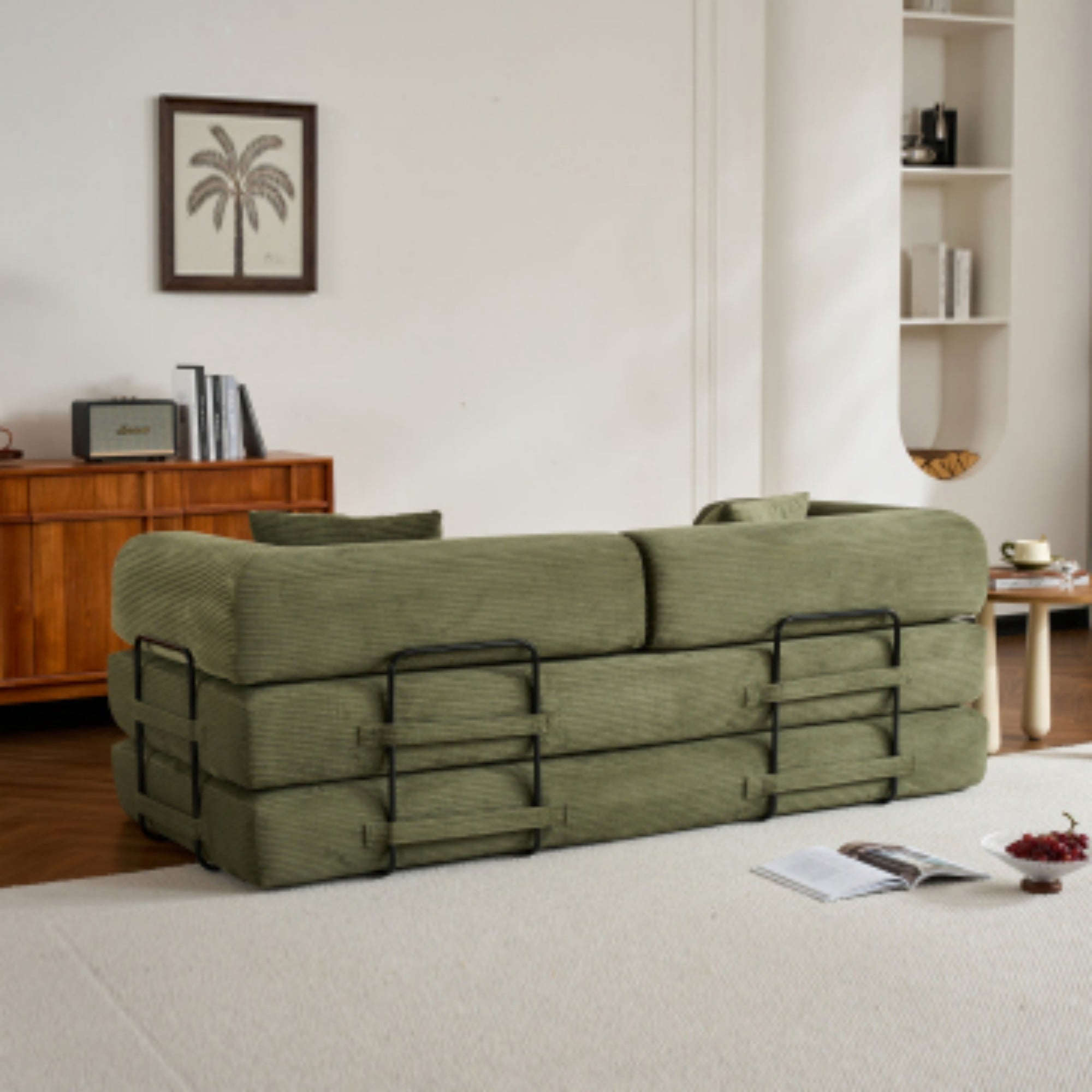 BSHTI 77" Corduroy Convertible Sleeper Sofa Bed with Cylindrical Pillow, No Assembly, Small Space for Living Room（Green）