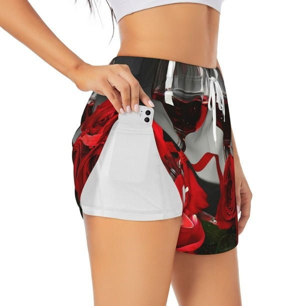 Balery Red Wine Rose Pantalones cortos deportivos para mujer con forro y dos bolsillos, elásticos, para entrenamiento, gimnasio, yoga-Small
