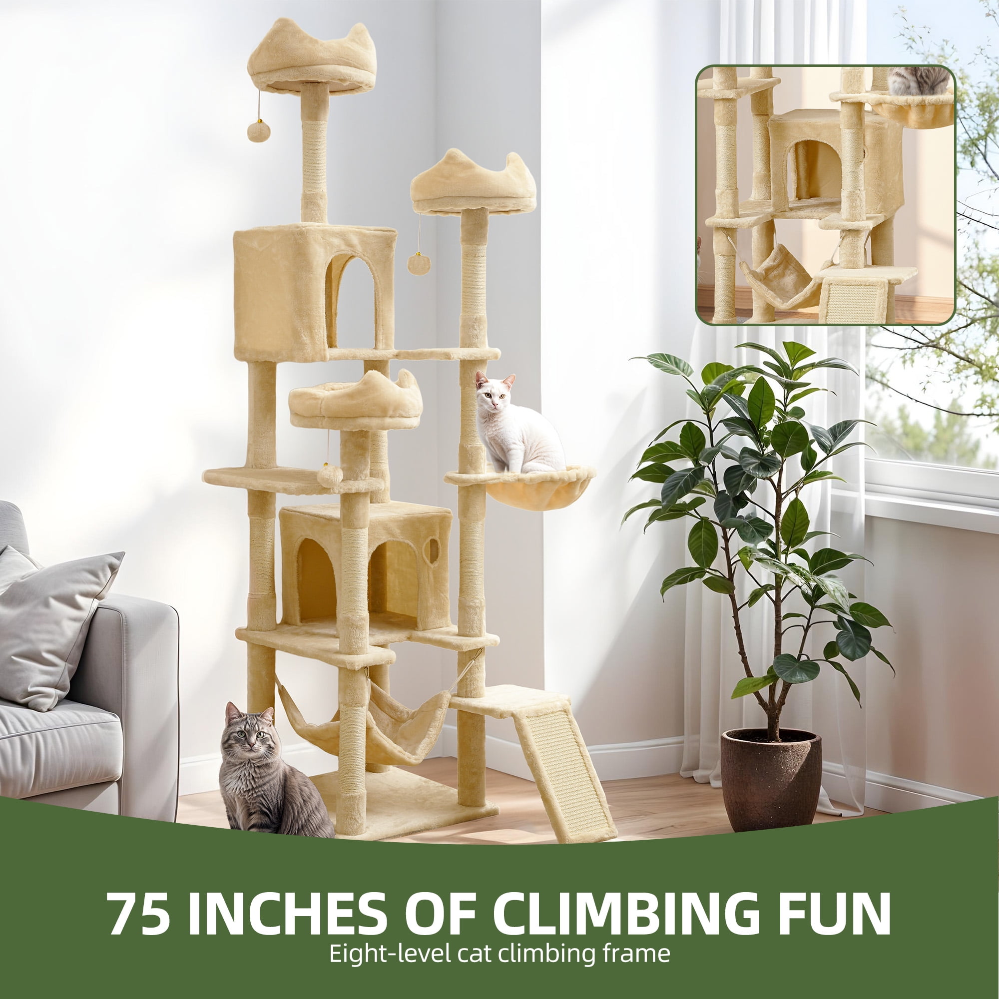 Uforic 75" Tall Cat Tree, Multi-Level Cat Tower with Condos, Hammocks, Scratching Posts, Beige