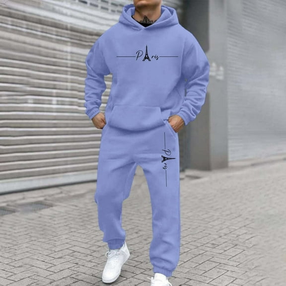 Hogleaql Men Sweatsuits Sets Workout Track Suits Long Sleeve Hoodies Sweatshirt & Running Sport Pants with Pockets Trendy Pullover Sweatsuits Loose Solid Causal Outfits for Men Sky Blue 2XL