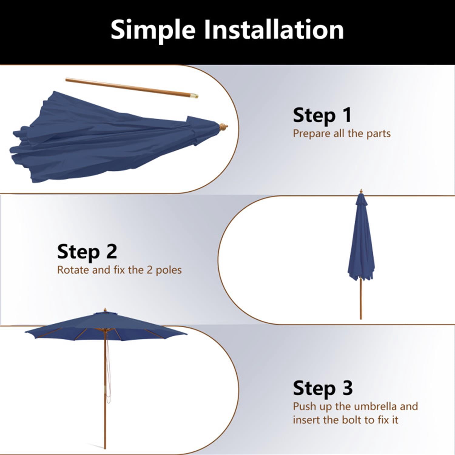 Demi Bonn 10 Feet Patio Umbrella with 8 Wooden Ribs and 3 Adjustable Heights, Outdoor Table Umbrella, Yard Umbrella, Blue