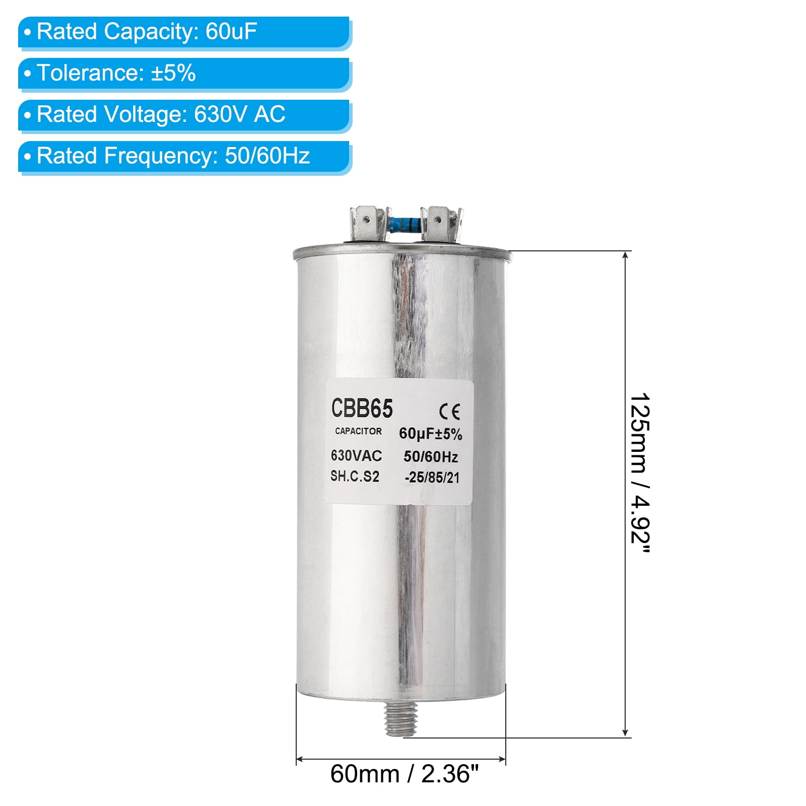 Uxcell CBB65 60uF Run Capacitor,60mfd AC 630V Aluminum Case with 2 Terminal M10 Screw
