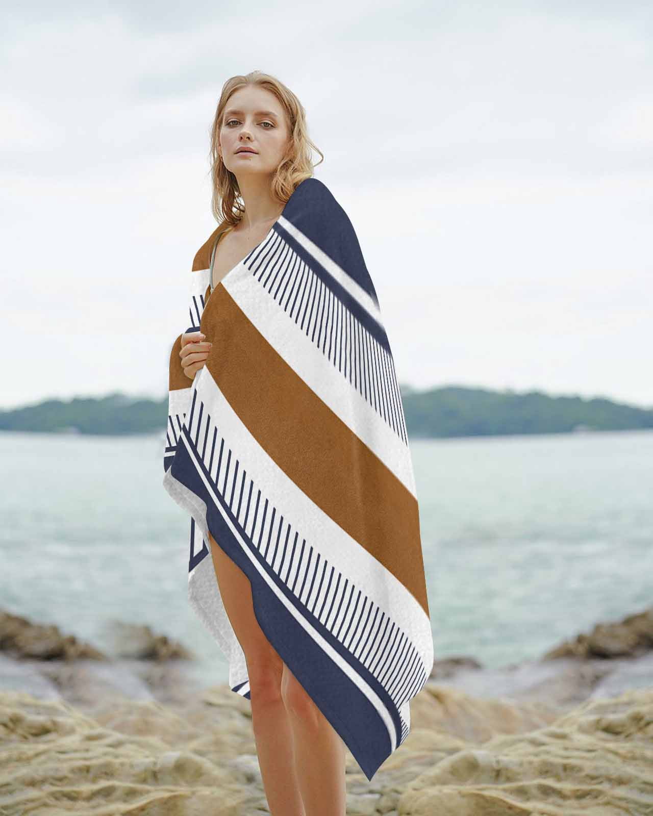 Modern Brown Blue Beach Towels Oversized Super Absorbent, Boho Contemporary Geometric Striped Lightweight Bath Towel Quick Dry Sets For Bathroom/Pool/Rv Camping/Beach Play/Gym Room/Picnic 31"x62"