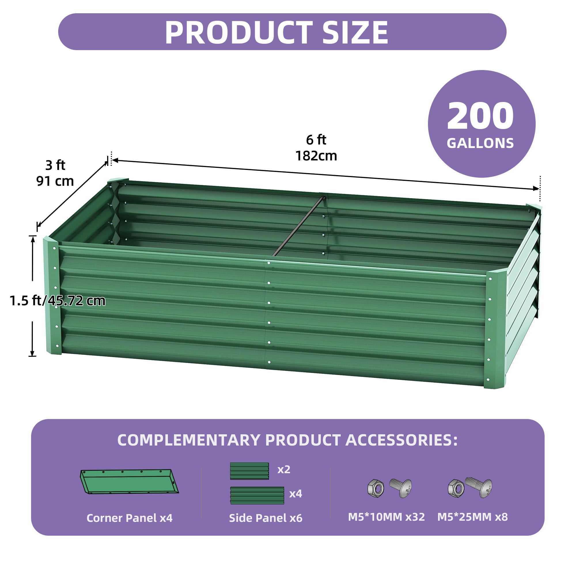 Uforic 6X3X1.5FT 1 Pack Galvanized Metal Raised Garden Bed Kit with Gardening Gloves, Outdoor Large Planter Box for Vegetables Flowers Herbs Fruits, Green
