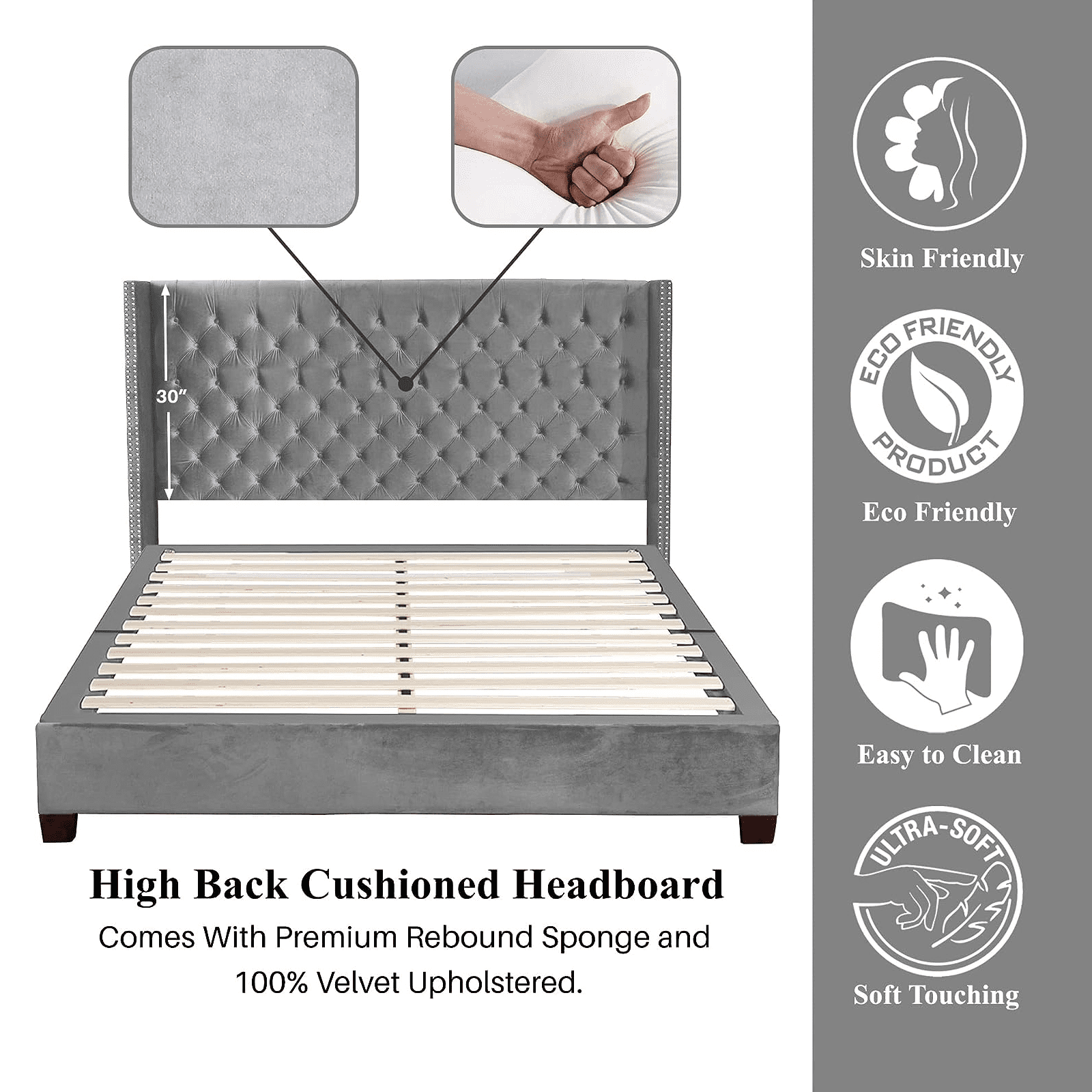 Nathaniel Home, King Upholstered Platform Bed Frame, Low Profile Deep Button Tufting Bed Frames, with Diamond Nailhead Trim Wingback Headboard, Gray
