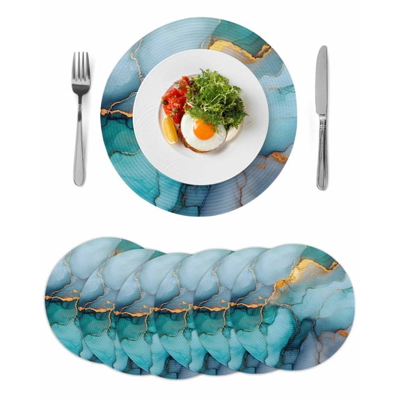 Marble Teal Round 13 Inch Placemats Set of 6, Modern Ink Painting Abstract Golden Art HeatResistant Non Slip Place Mats for Dining Table, Wipeable Braided Kitchen Table Mats for Housewarming