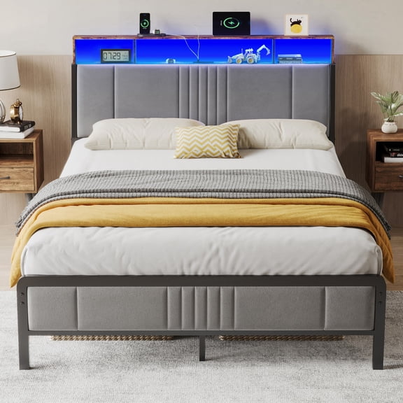 Sailvan Queen Bed Frame, Metal Bed Frames with Upholstered Headboard, LED Light & Charging Station, No Box Spring Needed, Gray Velvet