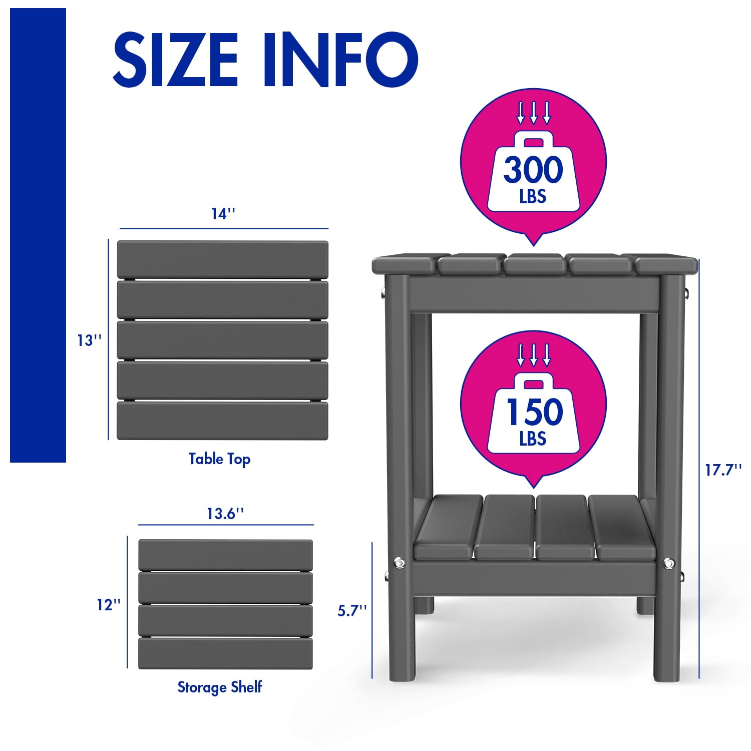 FODINGHILL 2-Tier Outdoor Side Table, HDPE All Weather Adirondack Patio Table with Storage Shelf, Outside End Table for Porch Backyard Indoor, Grey