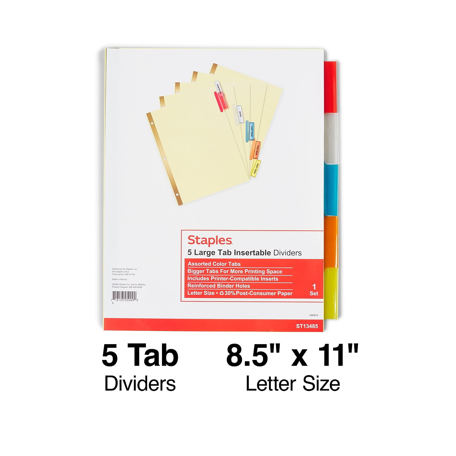 Staples Big Tab Insertable Paper Dividers 5-Tab Buff w/Assorted-Color Tabs 153841